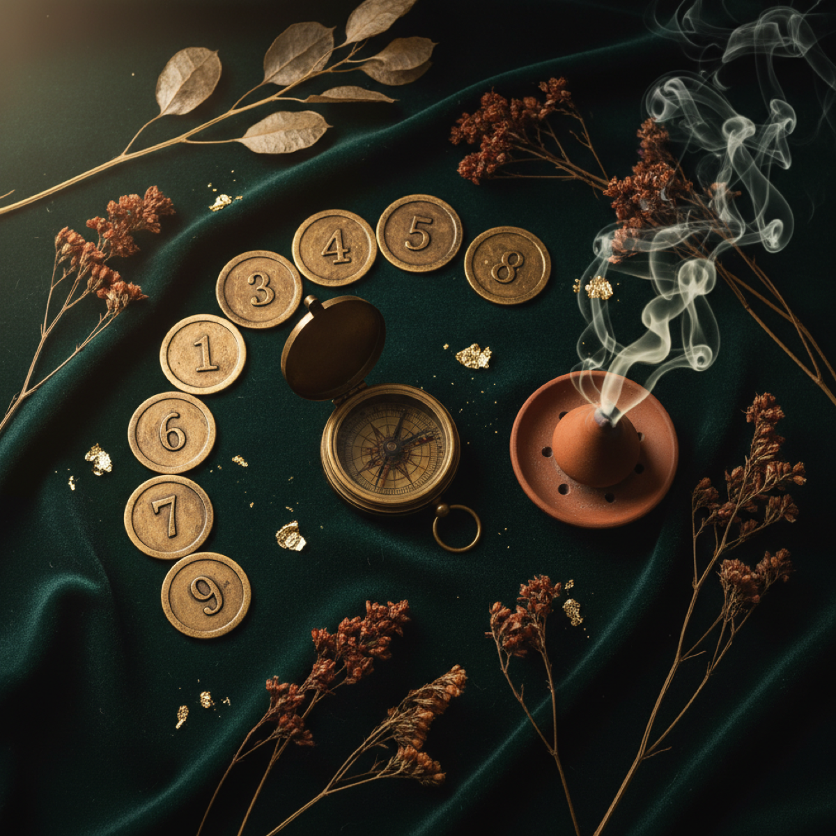 Numerology course - gold numbered tokens and compass