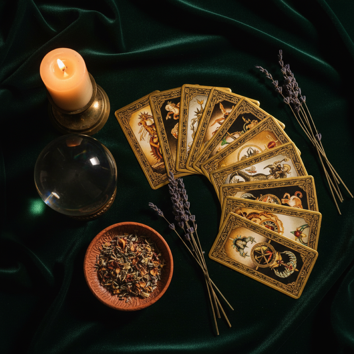 Tarot course - golden tarot cards, crystals and candles